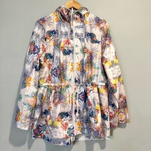 Susan Graver Floral Hooded Windbraker Jacket Lightweight Pockets L